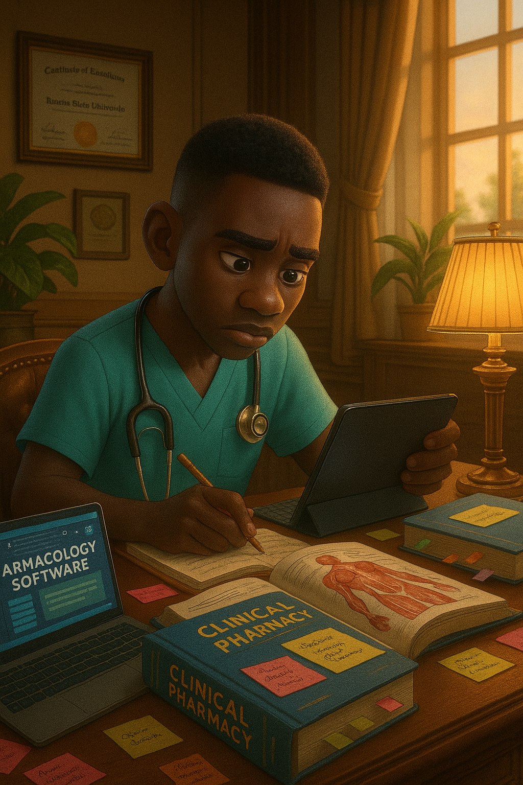 Student studying with resources